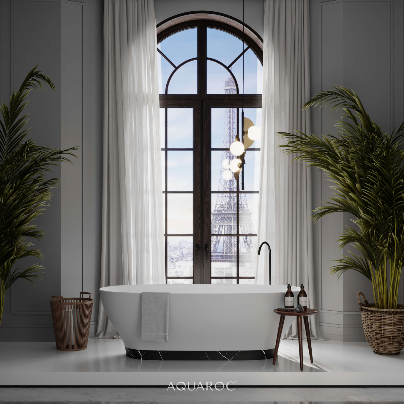 Empressa Solid Surface Stone Resin & Nero Marquina Marble Base Freestanding Bath 1700