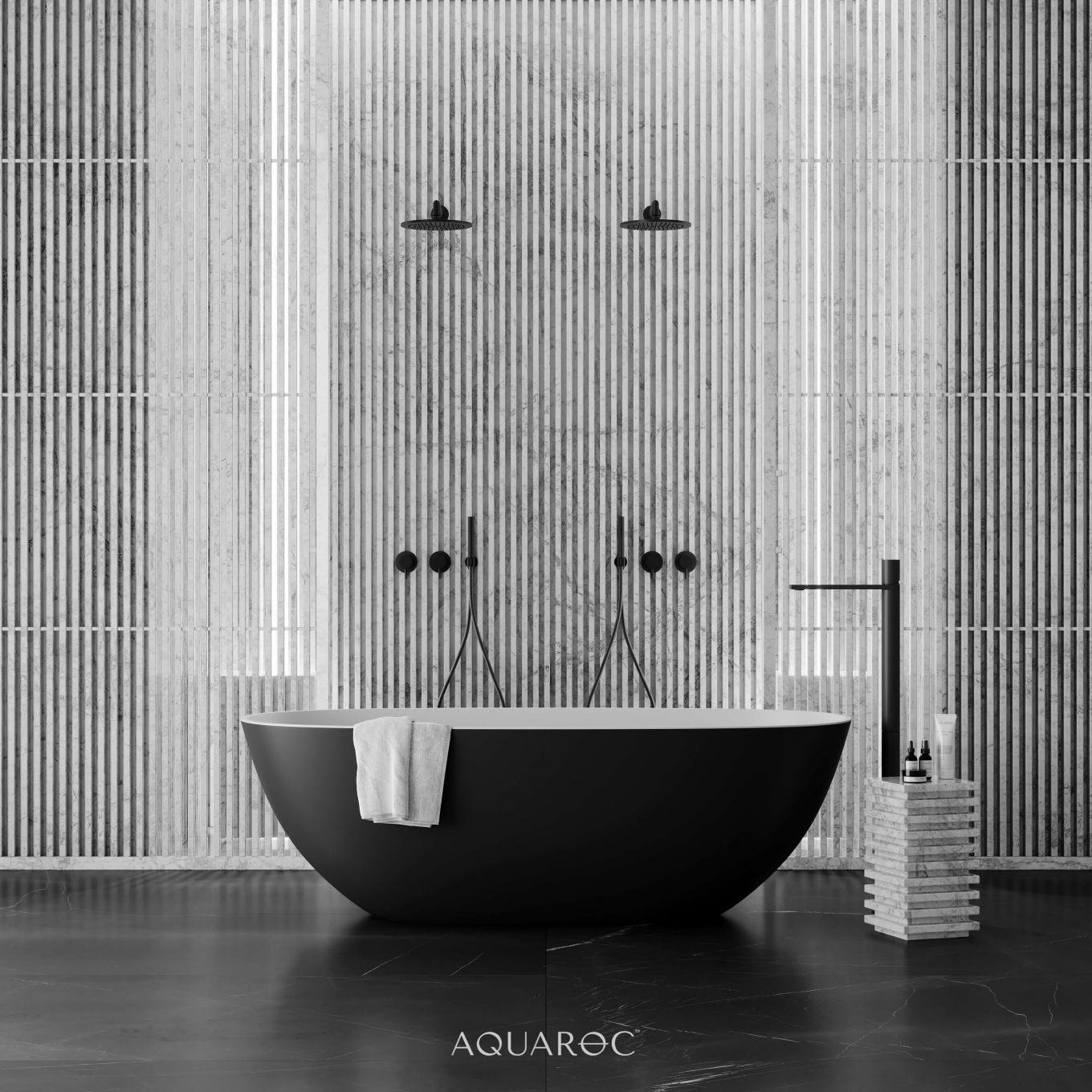 Florence Solid Surface Stone Resin Black & White Freestanding Bath 1650