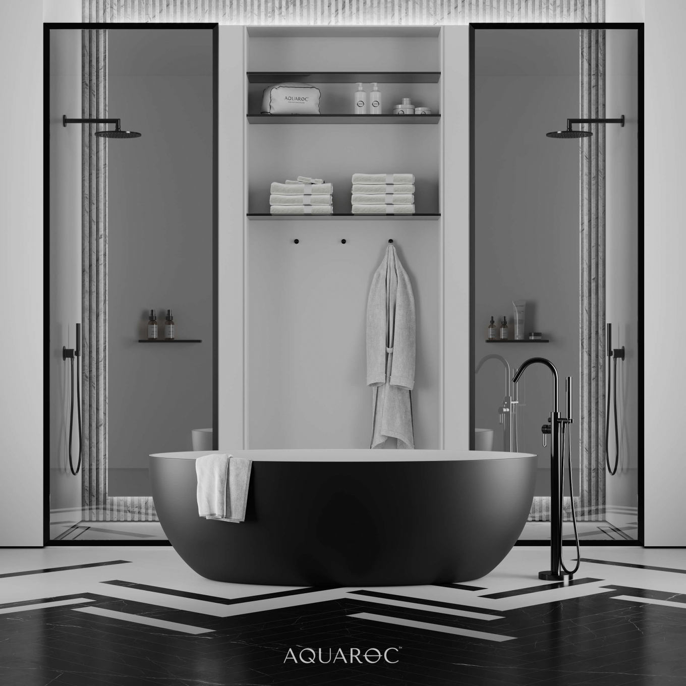 Enzo Solid Surface Stone Resin Black & White Freestanding Bath 1650