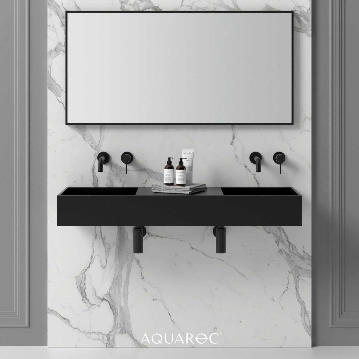 Atlante Solid Surface Stone Resin Wall Hung Double Basin Matte Black 1200